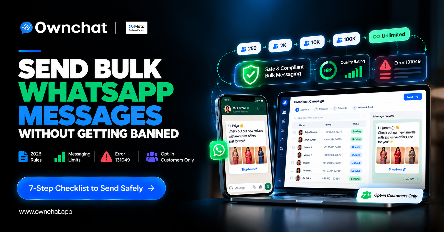 How to Send Bulk WhatsApp Messages Without Getting Banned (2026 Rules, Limits and Error 131049)
